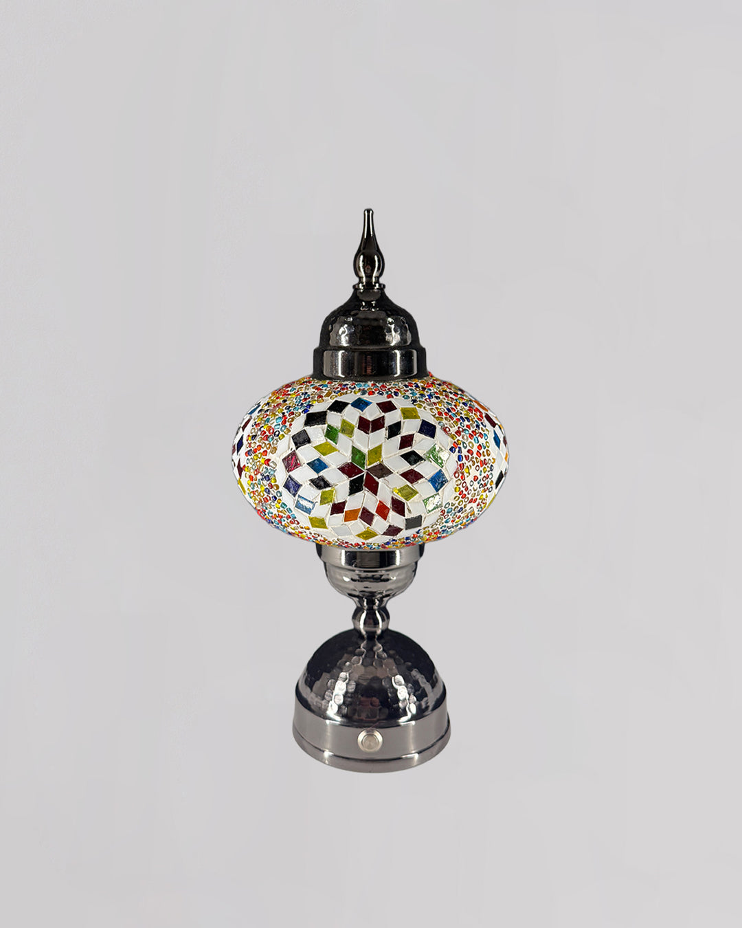 Decorative lamp with a colorful geometric design on a white background